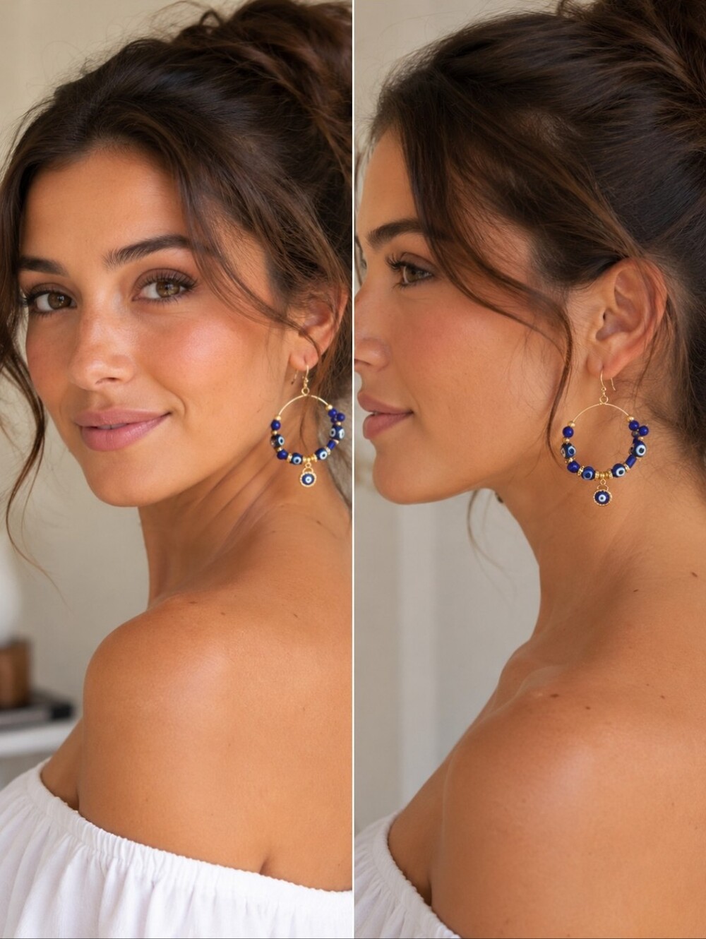 Blossom ~ Blue & Gold Evil Eye Beaded Hoop Earrings NWT